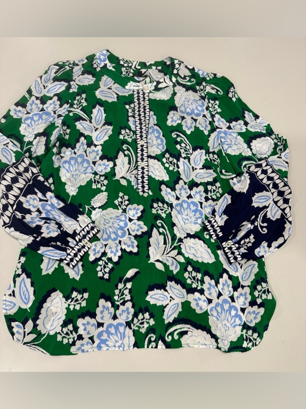 Talbots Green Navy White Floral Print Blouse